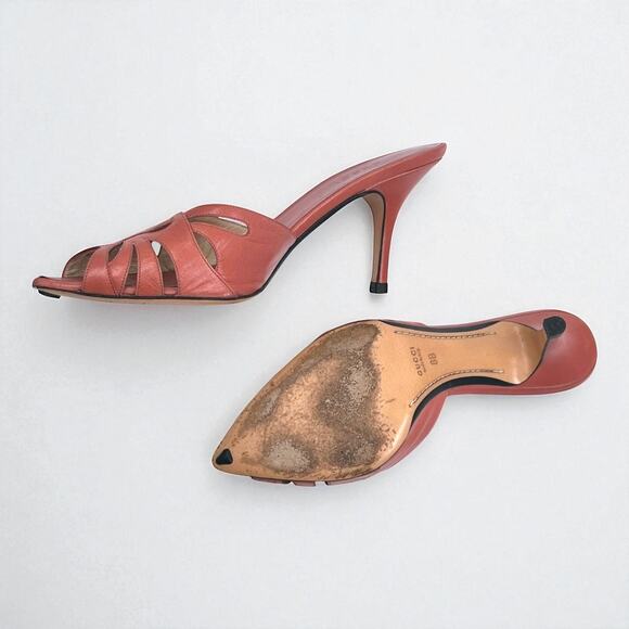 Gucci Pink Leather Peep Toe Mules | Stiletto Heels | Size 38 - Picture 3 of 9